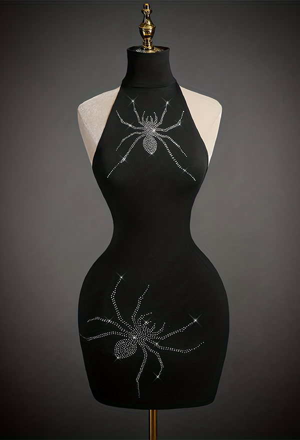 Gothic Black Rhinestone Spider Embellished Halter Backless Dress Dark Style Bodycon Mini Dress